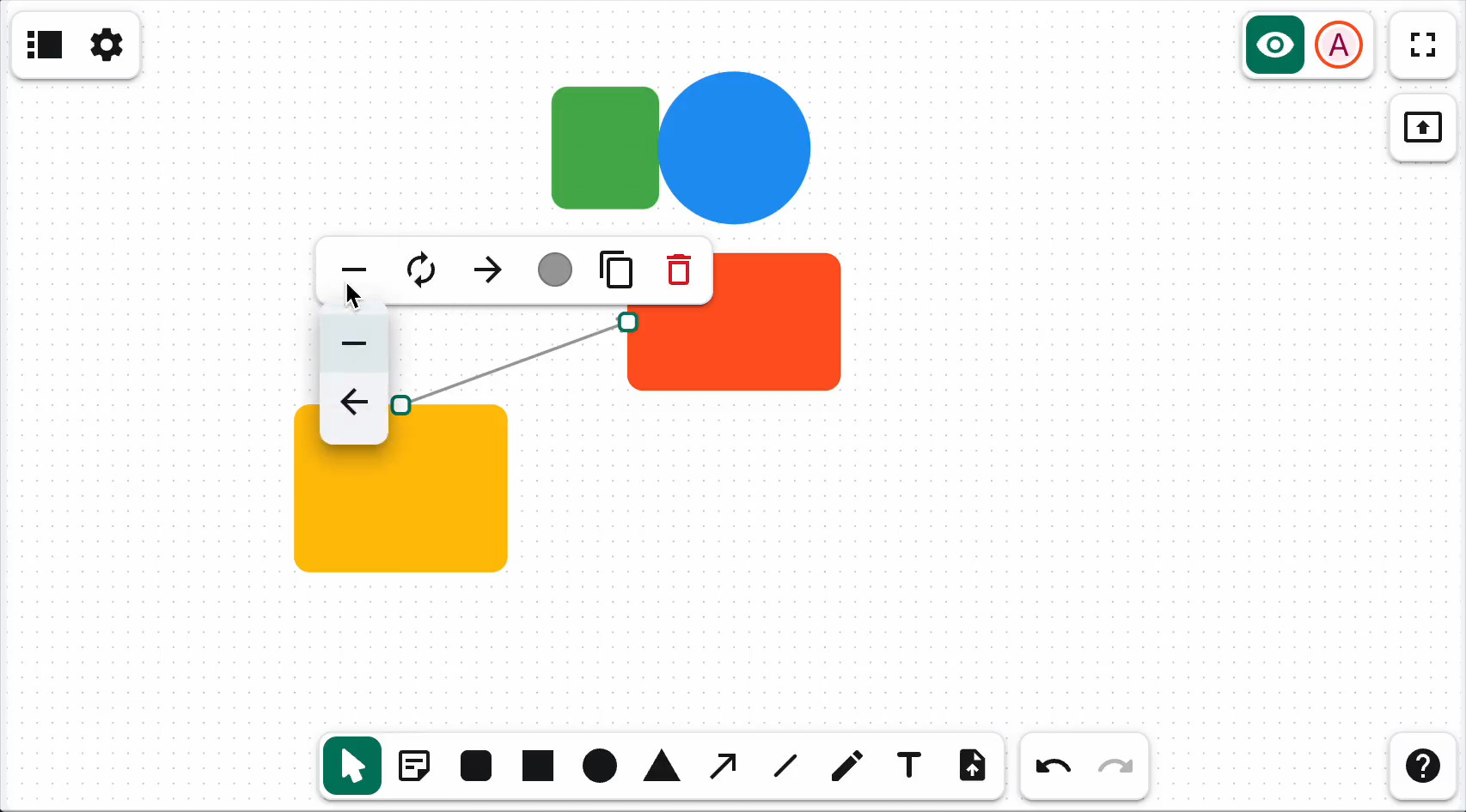A video thumbnail shows multiple colorful shapes on the NeoBoard widget's canvas. Two of them are connected with a grey arrow. The selected arrow has a toolbar to adjust its properties.